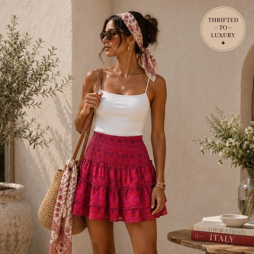 Allison Pink Floral Smocked Tiered Ruffle Mini Skirt Boho Summer Medallion Print
